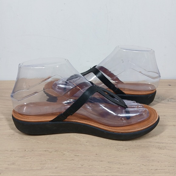 FitFlop Sandals Womens 6 Leather Slip On Thong Black Brown Comfort Summer Flat - Picture 3 of 9